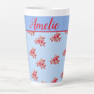 Caneca De Café Latte Chique Vermelho Floral Lily Gingham Latte Mug