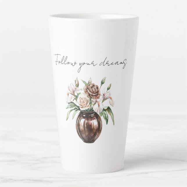 Caneca De Café Latte Chocolate Brown Ivory Cream Flowers (Frente)