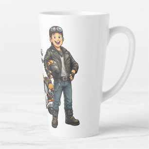 Caneca De Café Latte Ciclista de Desenho Animado com Arte de Piloto de