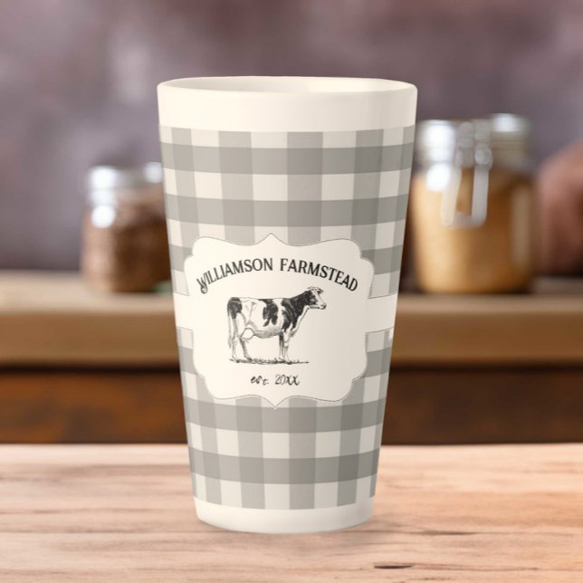 Caneca De Café Latte Cinza Búfalo Fazenda Vaca Latino (Gray Buffalo Plaid Farm Cow Latte Mug)