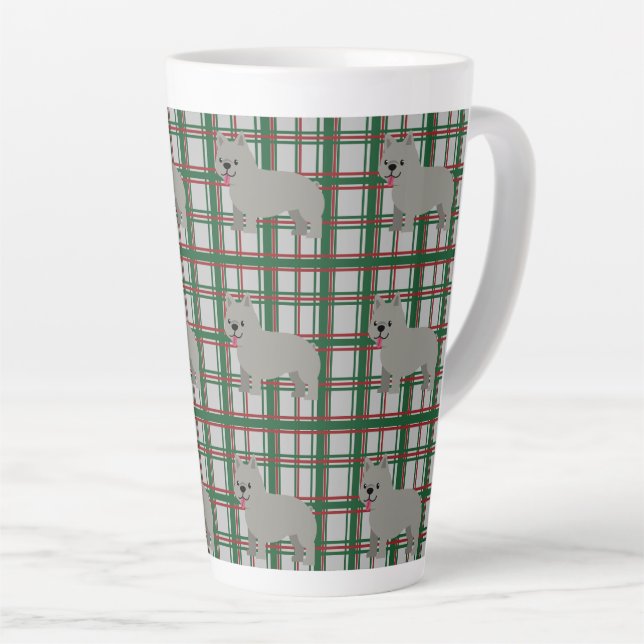 Caneca De Café Latte Cinza do Buldogue Francês, Xadrez de Natal (Ângulo direito)