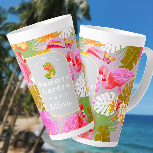 Caneca De Café Latte Cinza Flamingo Garden (Flamingo Garden Grey Latte Mug.)