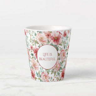 Caneca De Café Latte Citação Personalizada de Flores Vermelhas Rosadas