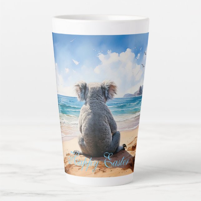 Caneca De Café Latte Coala observando o oceano Feliz Páscoa (Frente)
