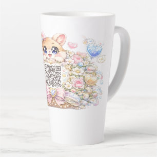 Caneca De Café Latte Código QR Kawaii Fofo Personalizado Gato Rosa Flor