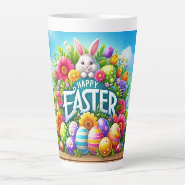 Caneca De Café Latte Coelhinho bonito de primavera/Páscoa com ovo (Frente)