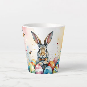 Caneca De Café Latte Coelhinho da Páscoa Fofo com Ovos Pintados Colorid