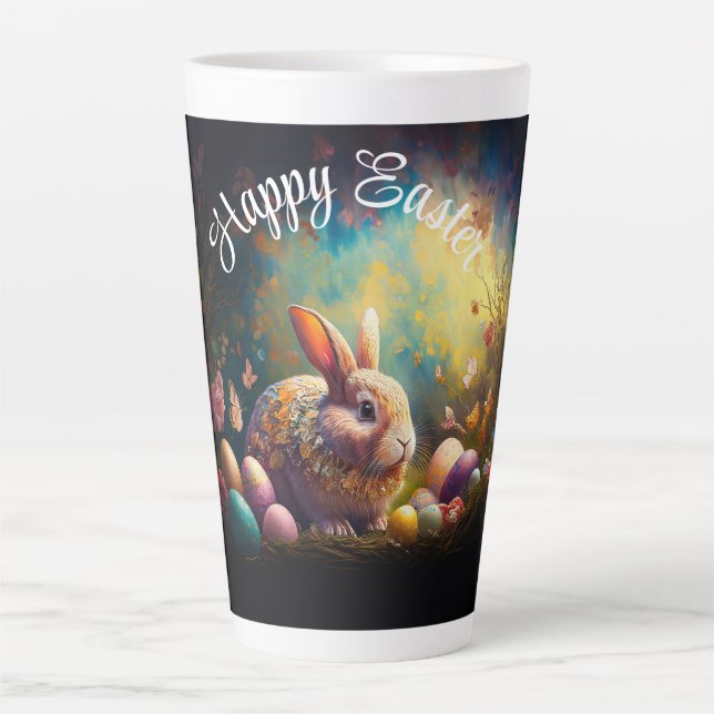 Caneca De Café Latte Coelhinho felz pascoa com ovos de Páscoa (Frente)