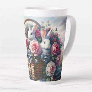 Caneca De Café Latte Coelhinhos Aninhados Entre Rosas de Cottage