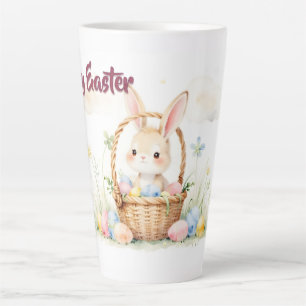 Caneca De Café Latte Coelho de Páscoa Fofo em Cesta com Ovos Coloridos