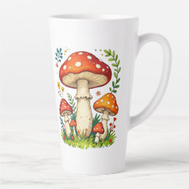 Caneca De Café Latte Cogumelos selvagens e flores na natureza da flores
