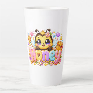 Caneca De Café Latte Cola Kawaii Abelha Mel Nome Pastel Rosa Brilhante