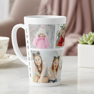 Caneca De Café Latte Colagem de 5 Fotos Personalizada Nome