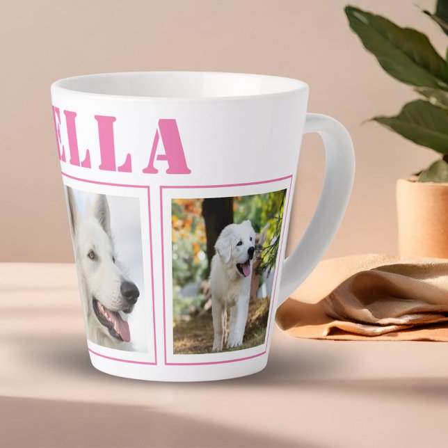 Caneca De Café Latte Colagem de Fotografias do Cão Rosa 3 com Nome (Criador carregado)