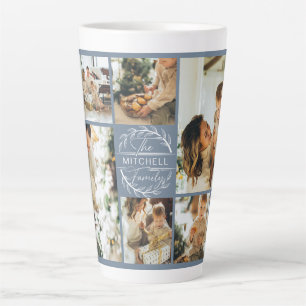 Caneca De Café Latte Colagem de Fotos da Família Azul Moderna Dusty Kee