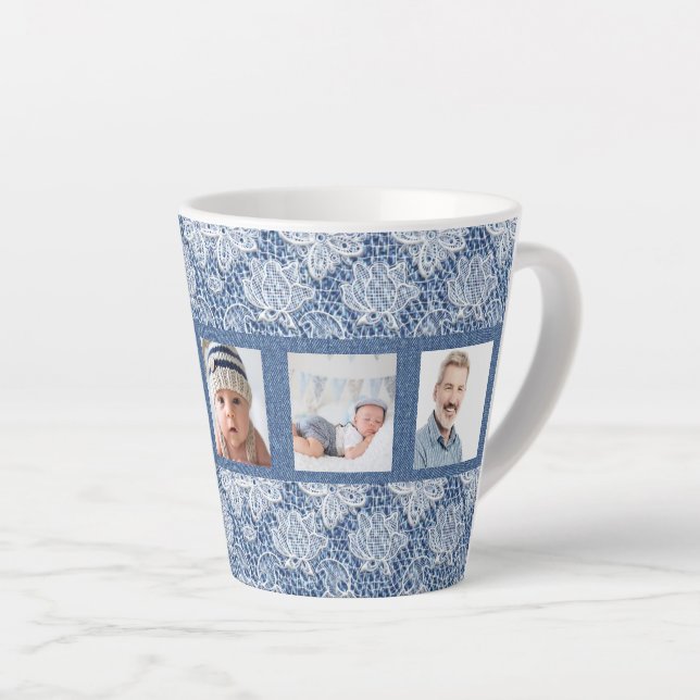 Caneca De Café Latte Colagem de fotos da família, local azul denim (Ângulo direito)