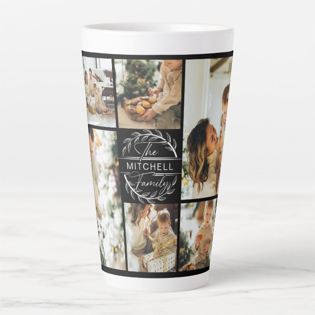 Caneca De Café Latte Colagem de Fotos da Família Preta e Branca Moderna (Frente)