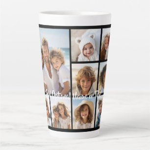 Caneca De Café Latte Colagem Quadrada de 9 Fotos Preto - com texto bran