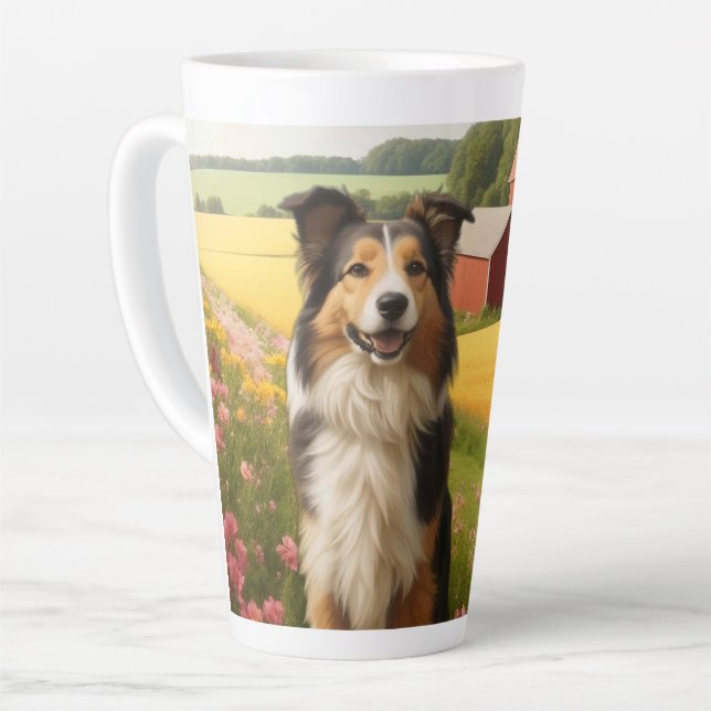 Caneca De Café Latte Collie Padrão na Fazenda (Ângulo esquerdo)