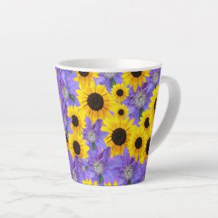 Caneca De Café Latte Colorful Yellow Sunflower & Purple Floral Pattern 