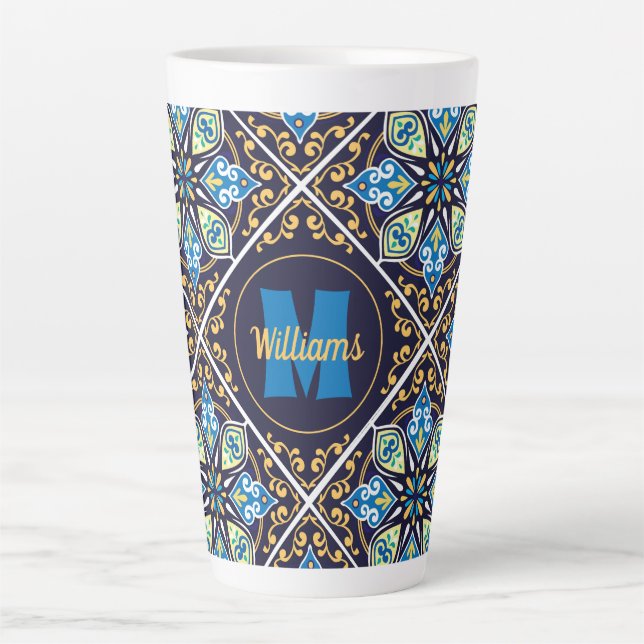 Caneca De Café Latte Com nome e iniciais em Azulejos orientais (Frente)