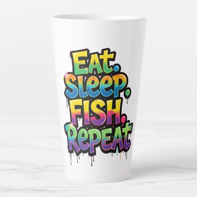 Caneca De Café Latte Coma Peixe Dormir Repita Grafite Arco-Íris (Frente)