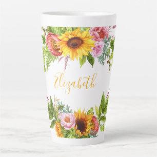 Caneca De Café Latte Cor da água Cód. Girassol Amarelo Floral Nome Gran