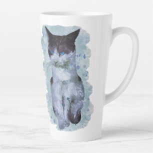 Caneca De Café Latte Cor-De-Água Preta E Branca Olhos Azuis De Gato