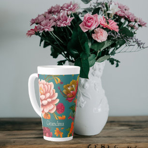 Caneca De Café Latte Cor de laranja verde-rosa e vermelhidão floral imp