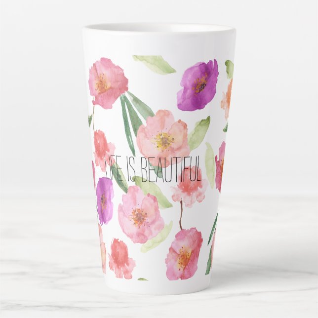 Caneca De Café Latte Cor Floral Púrpura Rosa Girassida (Frente)