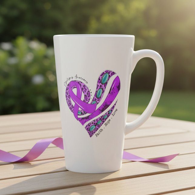 Caneca De Café Latte Coração de Laço Roxo Conscientização sobre Epileps (Criador carregado)
