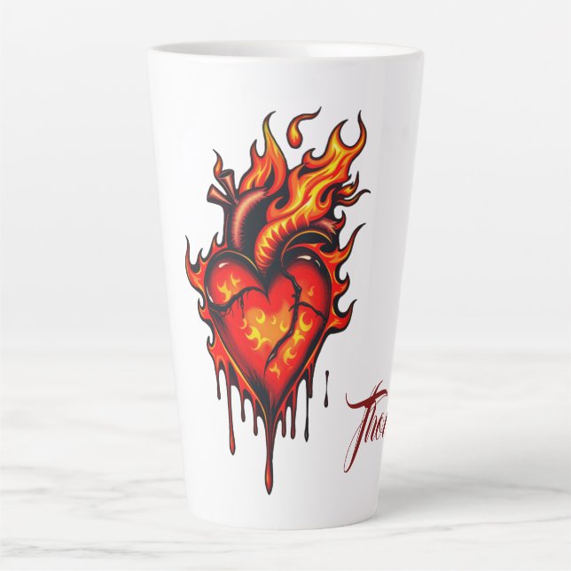 Caneca De Café Latte Coração inflamável. (Frente)