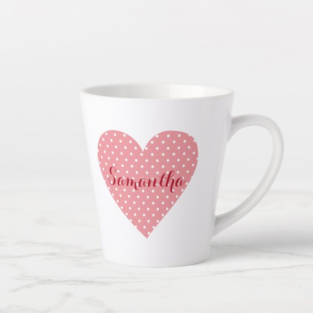 Caneca De Café Latte Coração rosa e bolinhas branca (Direita)