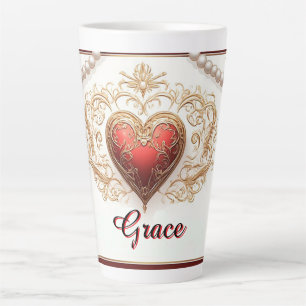 Caneca De Café Latte Coração Vermelho Ornamentado Com Filigrana Dourada