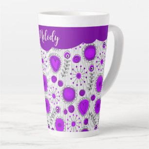 Caneca De Café Latte Corações brancos, roxos, brancos, flores nome flor