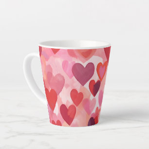 Caneca De Café Latte Corações de Aquarela Rosa e Vermelho Coquette Româ