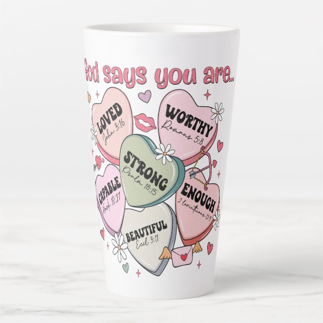 Caneca De Café Latte Corações de Doces de São Valentão Cristão (Frente)