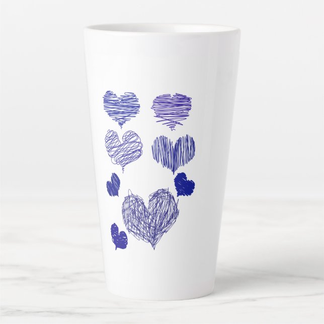 Caneca De Café Latte Corações Escrivados Azuis (Frente)