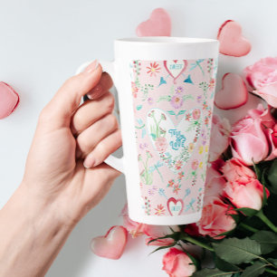 Caneca De Café Latte Corações Florais de Dia de os namorados Bonito e R