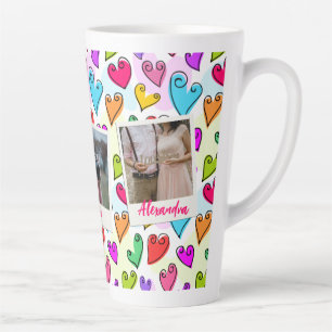 Caneca De Café Latte Corações Girly Vibrantes Foto de Namorados Românti
