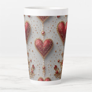 Caneca De Café Latte Corações Vermelhos Elegantes com Detalhes Florais 