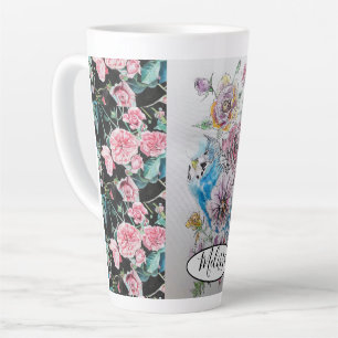 Caneca De Café Latte Corante Azul-Cinto Ortográfico e Rosas Pássaro C