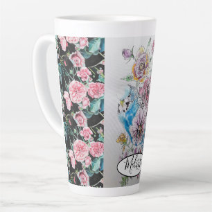 Caneca De Café Latte Corante Azul-Cinto Ortográfico e Rosas Pássaro Cor