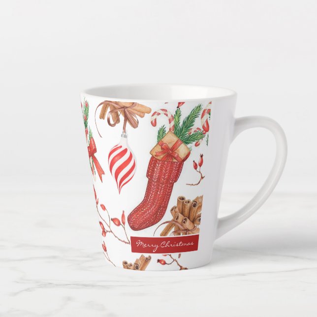 Caneca De Café Latte Cores de Natal Canela e Padrão de menta-de-menta (Direita)