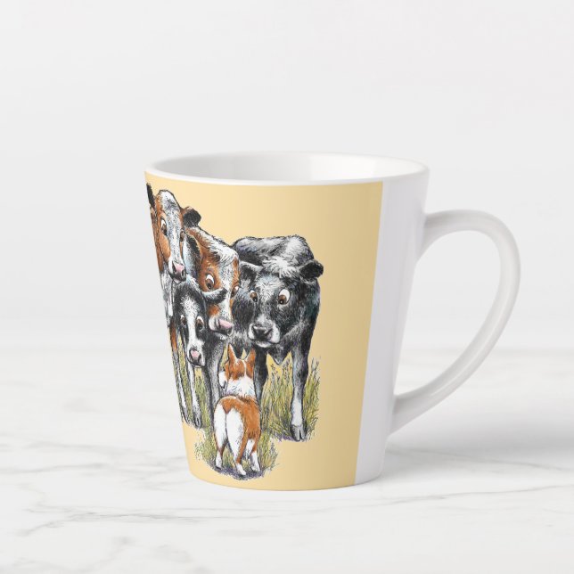 Caneca De Café Latte Corgi e Vacas (Direita)