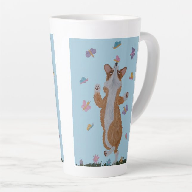 Caneca De Café Latte Corgi Galês Dançando com Borboletas (Ângulo direito)