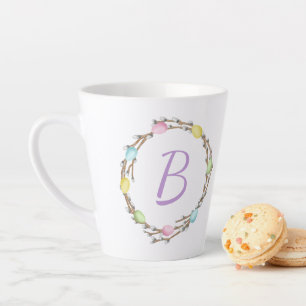 Caneca De Café Latte Coroa de Salgueiro da Páscoa com Monograma e Ovos
