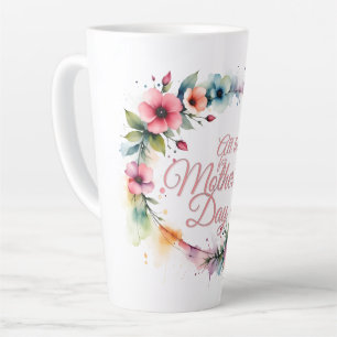 Caneca De Café Latte Coroa Floral de Aquarela do Dia das Mães em Rosa V