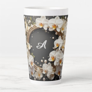Caneca De Café Latte Coroa Floral de Orquídea Branca com Pérolas e Dour