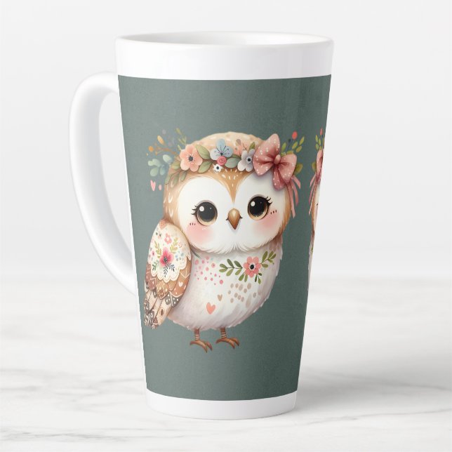 Caneca De Café Latte Coruja Floral Fofa com Laço (Ângulo esquerdo)